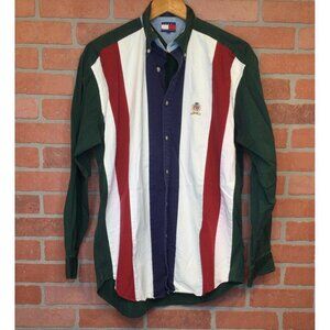 Tommy Hilfiger Mens Colorblock Button Down Shirt Striped Crest Logo Size M